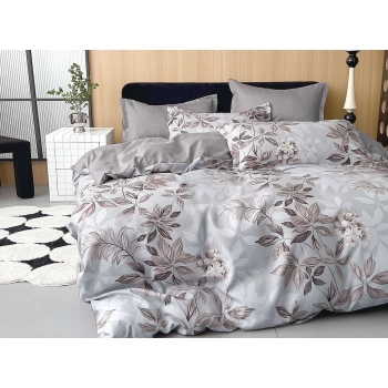 Pościel flanelowa 200x220 z prześcieradłem szara w kwiaty FL583